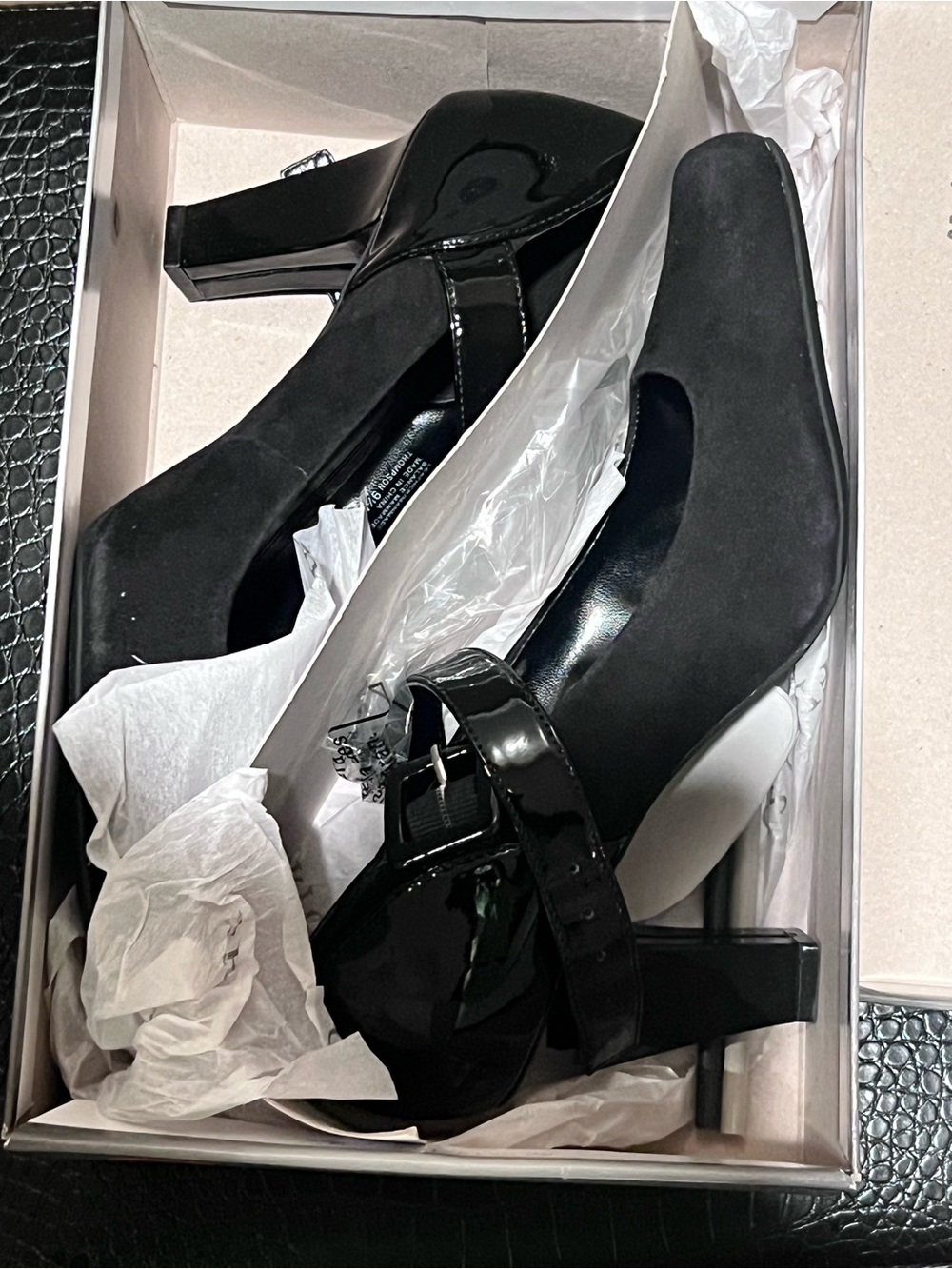 Franco Sarto Black Suede and Patent Mary Jane Block Heels
